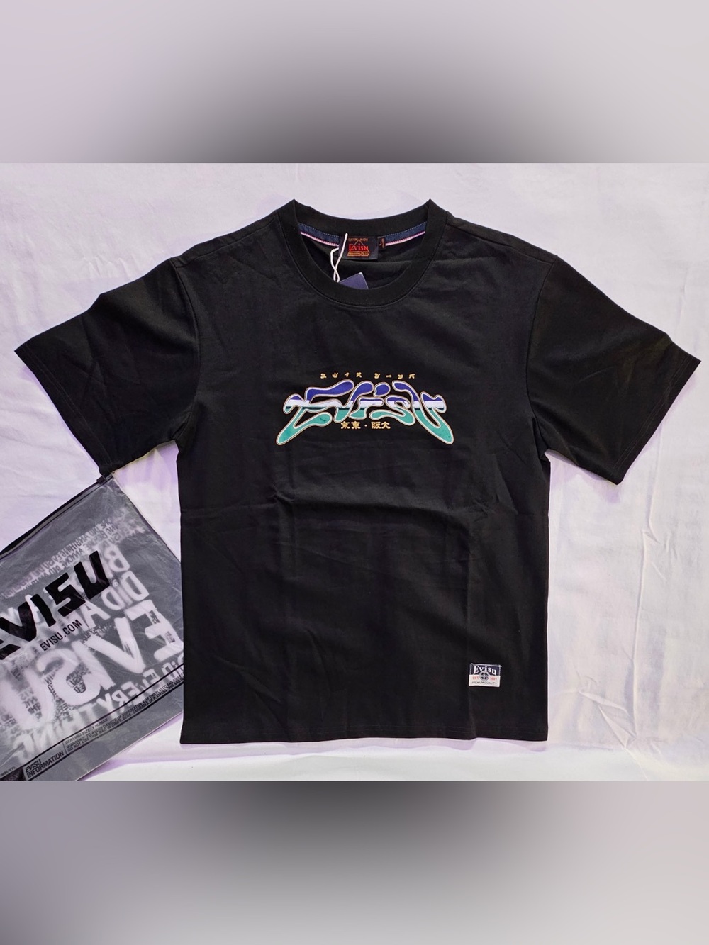 EVISU Black Graphic Tee with Teal Accent